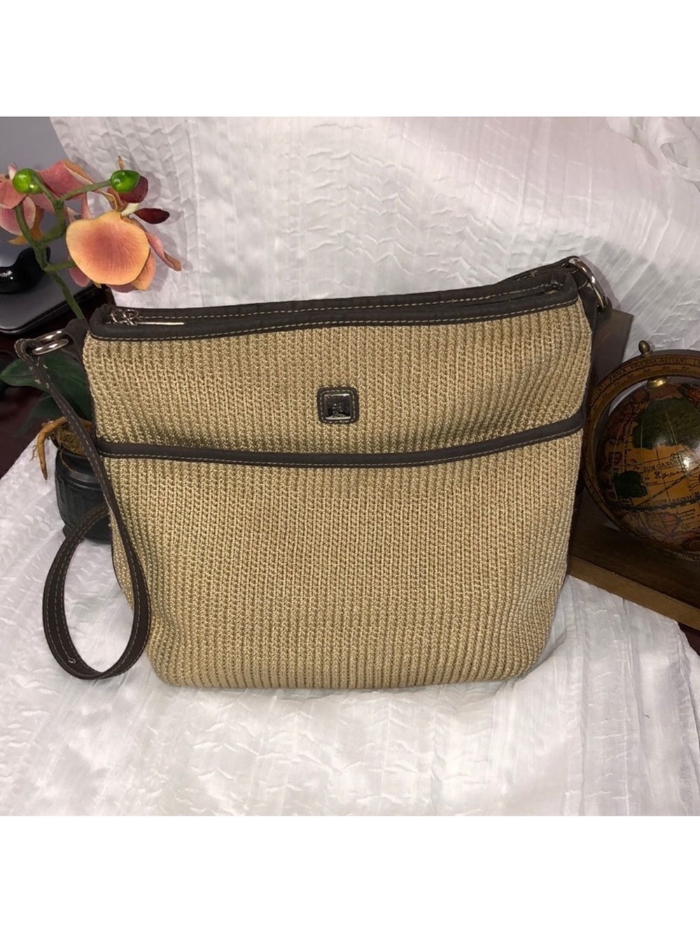lina Woven Knit Macrame Thread Vinyl Combo Hobo Tan Brown Shoulder Bag